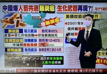 中国で、肺炭疽病が発生したと、中国のテレビが報じる